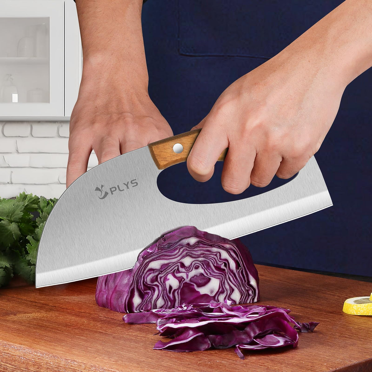 Plys cleaver wood handle joins the blade for durable comfort