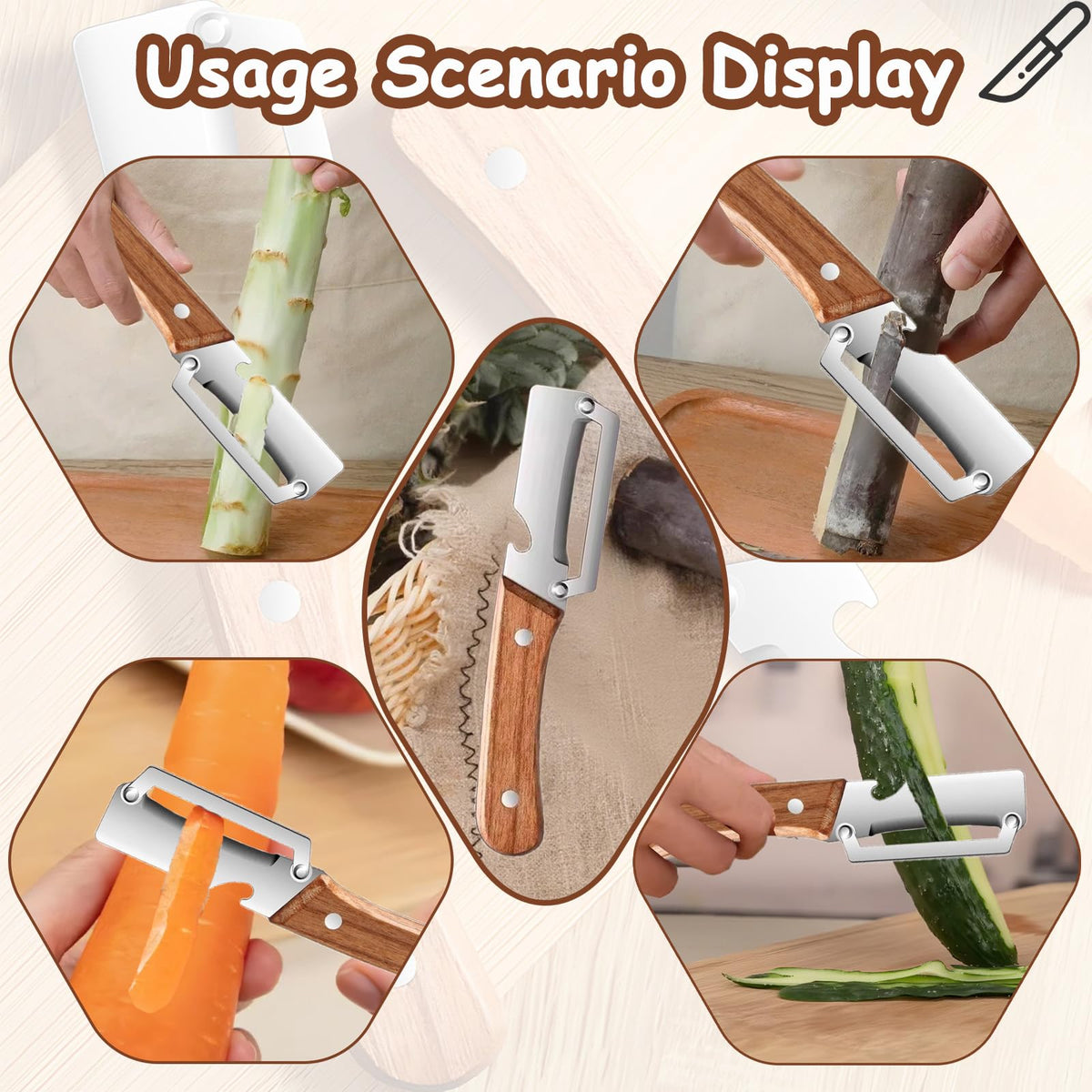 PMDYBY peeler on potatoes and apples showcasing rust-resistant blade