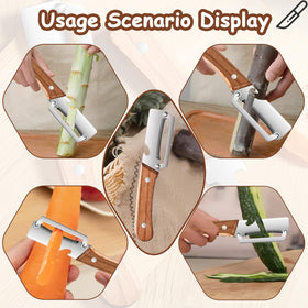 PMDYBY peeler on potatoes and apples showcasing rust-resistant blade