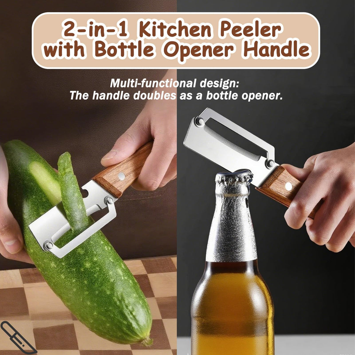 PMDYBY peeler with wooden handle close-up on sharp blade for effortless peeling