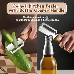 PMDYBY peeler with wooden handle close-up on sharp blade for effortless peeling