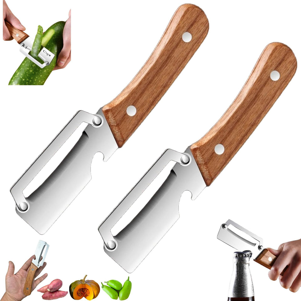 PMDYBY premium vegetable peeler with wood handle and bottle opener, front view, comfortable grip