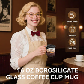 PMLQZA 16oz clear, heatproof glass mug shows vibrant beverage color at a glance.