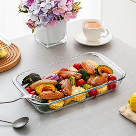 Pmssypl rectangular dish with built-in handles for easy oven transfer.