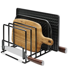 PMYEK cutting-board organizer with seven compartments keeps boards upright and accessible in the kitchen.
