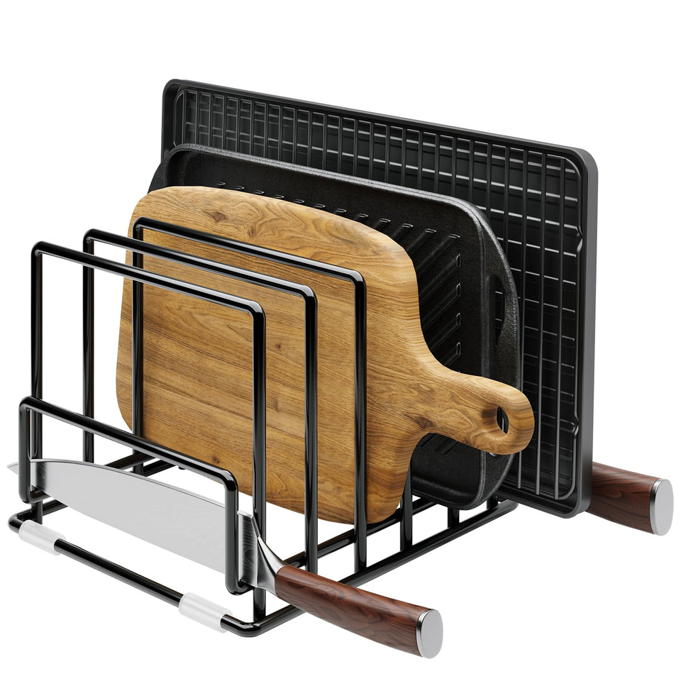 PMYEK cutting-board organizer with seven compartments keeps boards upright and accessible in the kitchen.