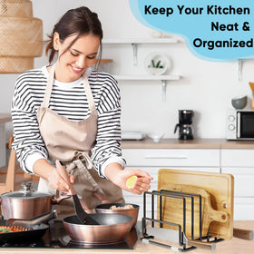 PMYEK flat-item storage solution fits cutting boards, sheets, and lids neatly.