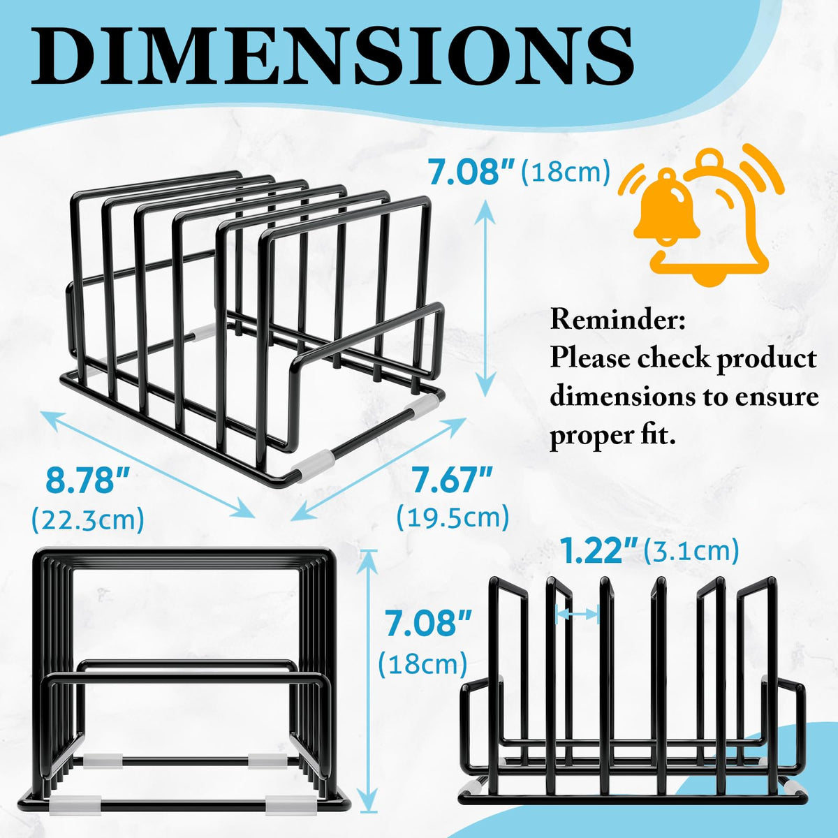 PMYEK heavy-duty iron rack securely holds pans and baking sheets to save cabinet space.