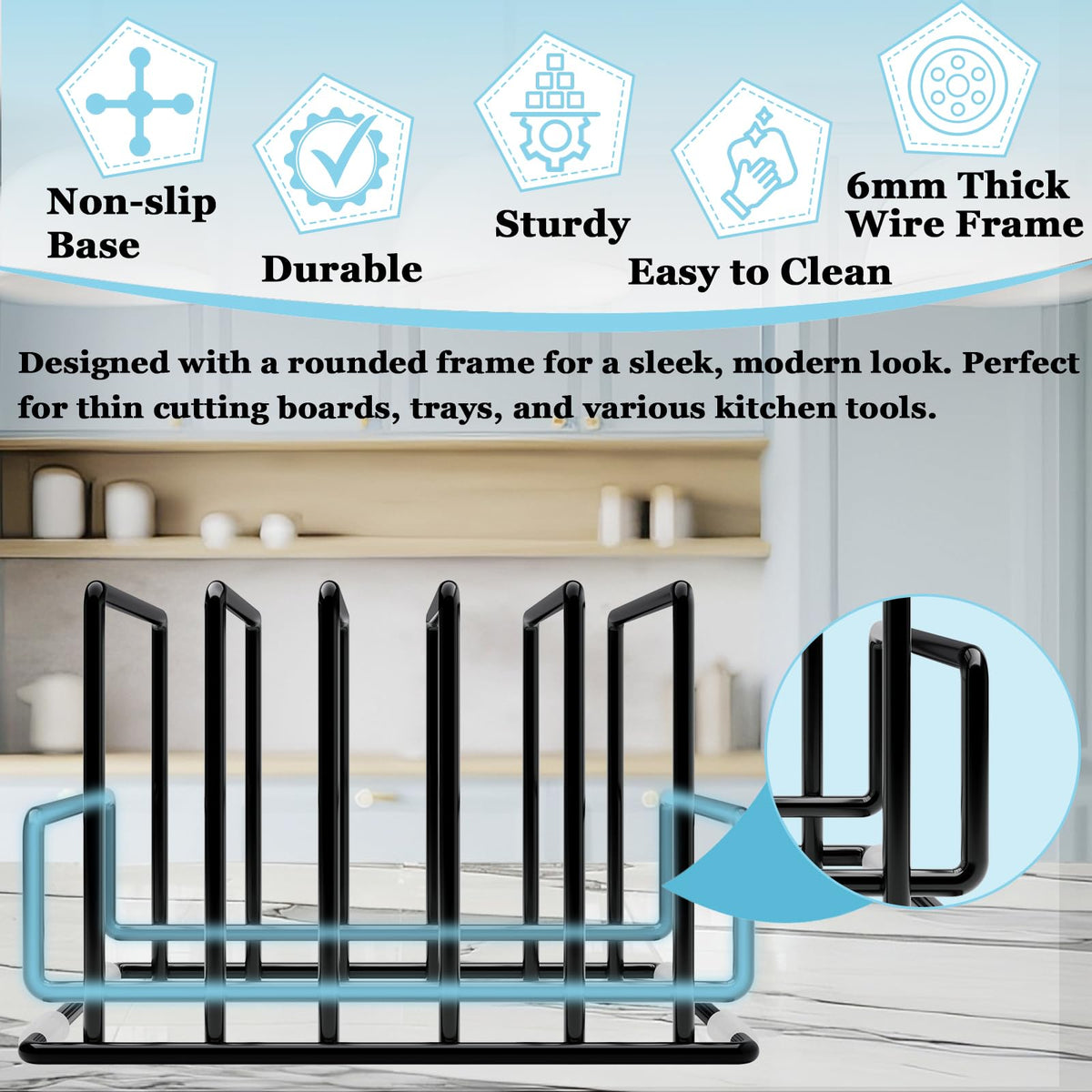 PMYEK vertical storage rack for baking sheets and lids keeps flat items organized.