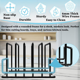 PMYEK vertical storage rack for baking sheets and lids keeps flat items organized.