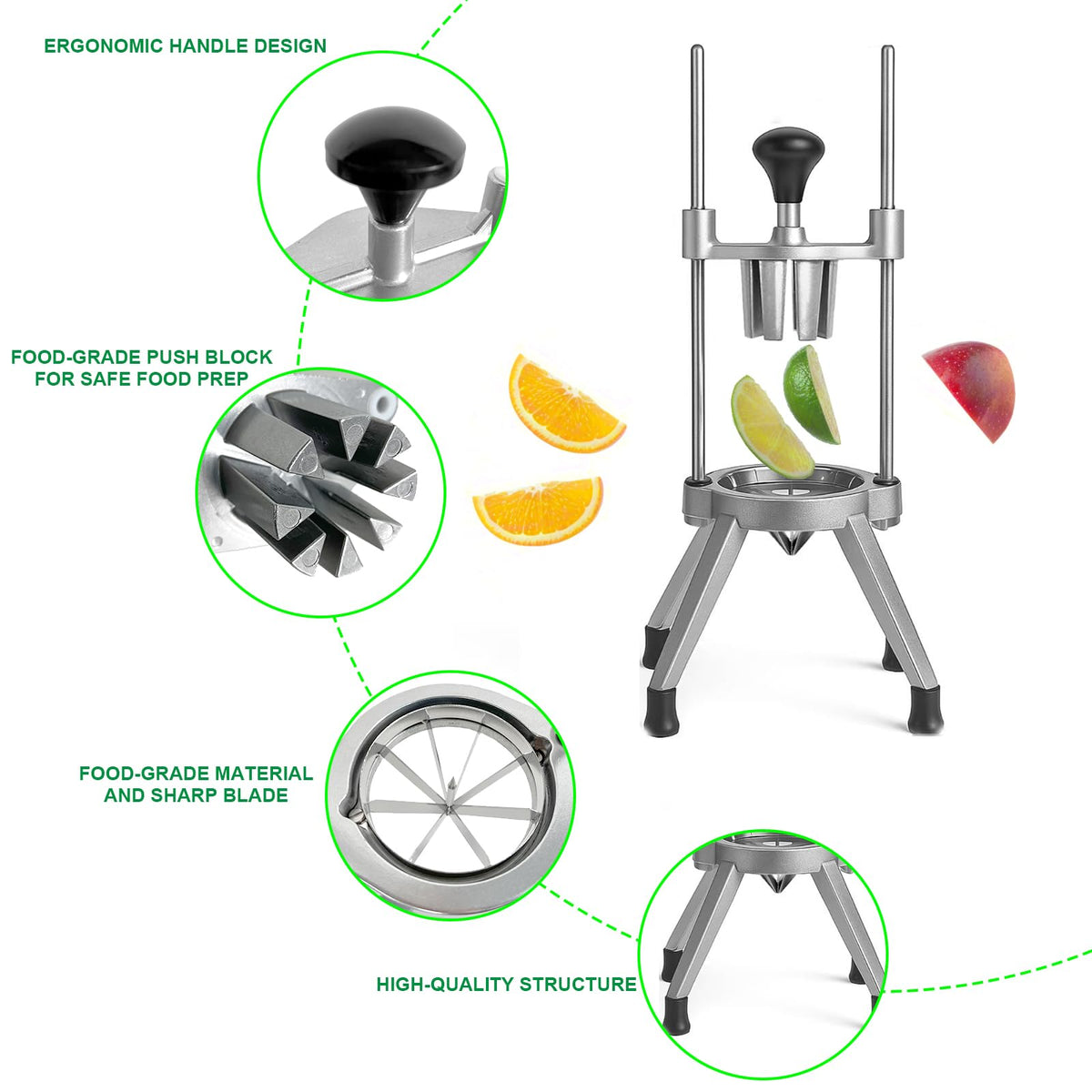 Poakkus rugged tool resists corrosion while slicing cucumbers and onions.