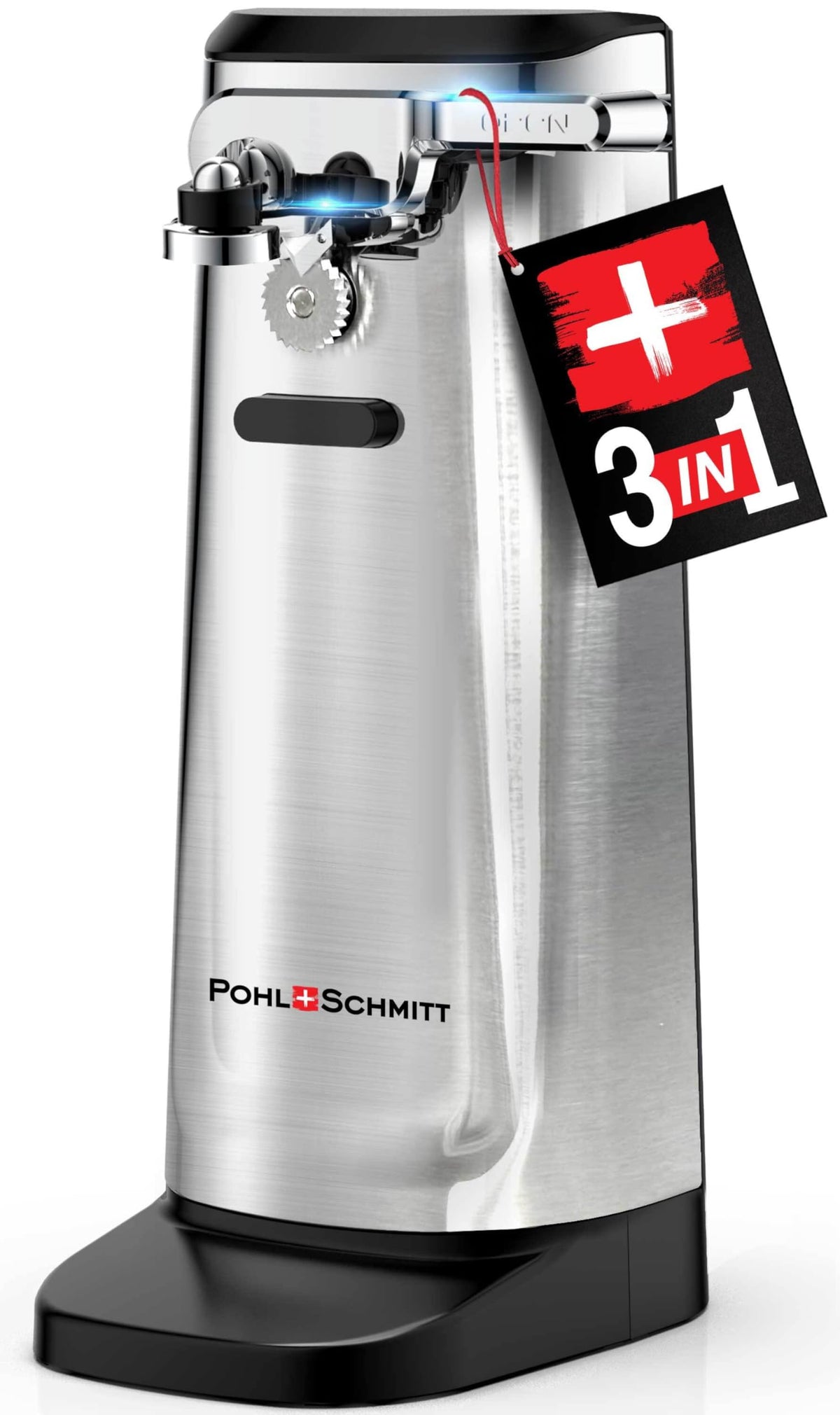 POHL SCHMITT electric can opener front view, 3-in-1 versatility for quick meals.