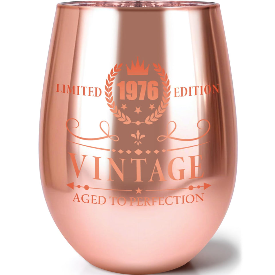 POJOOY rose gold 50th birthday wine glass with a luminous rose-gold finish for toasts.