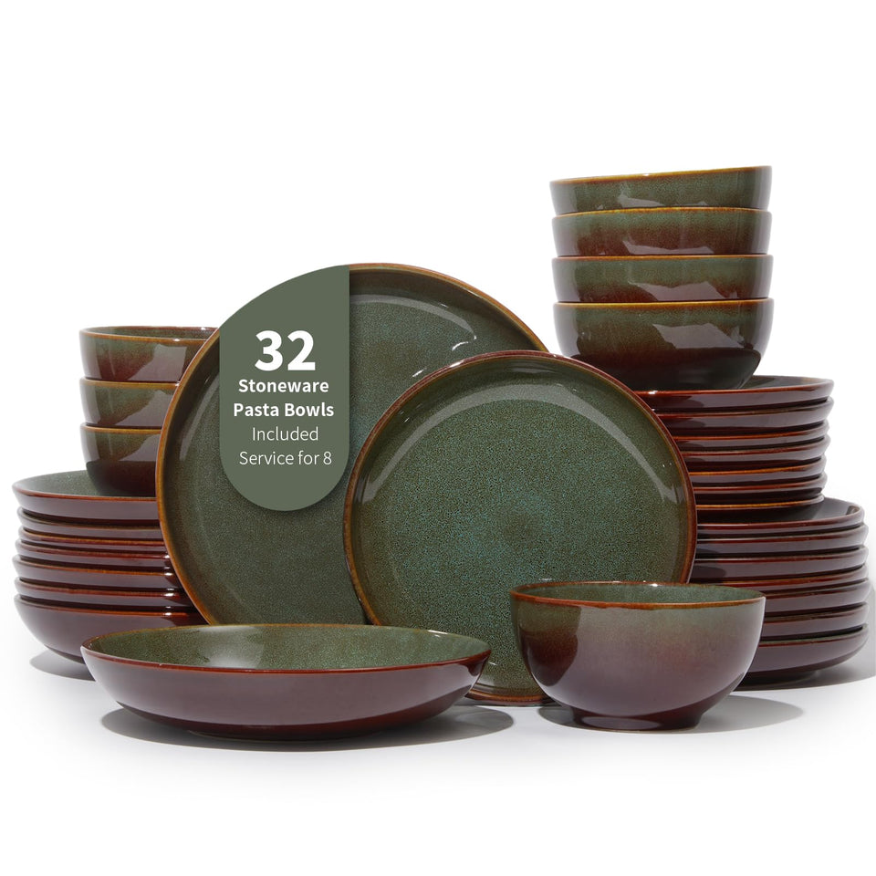 Pokini 32-piece dinnerware set with 10-inch dinner plates for family meals.
