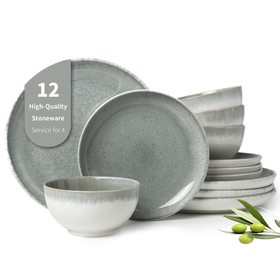 Pokini gradient green dinner plates close-up showing reactive glaze colors for stylish daily dining.