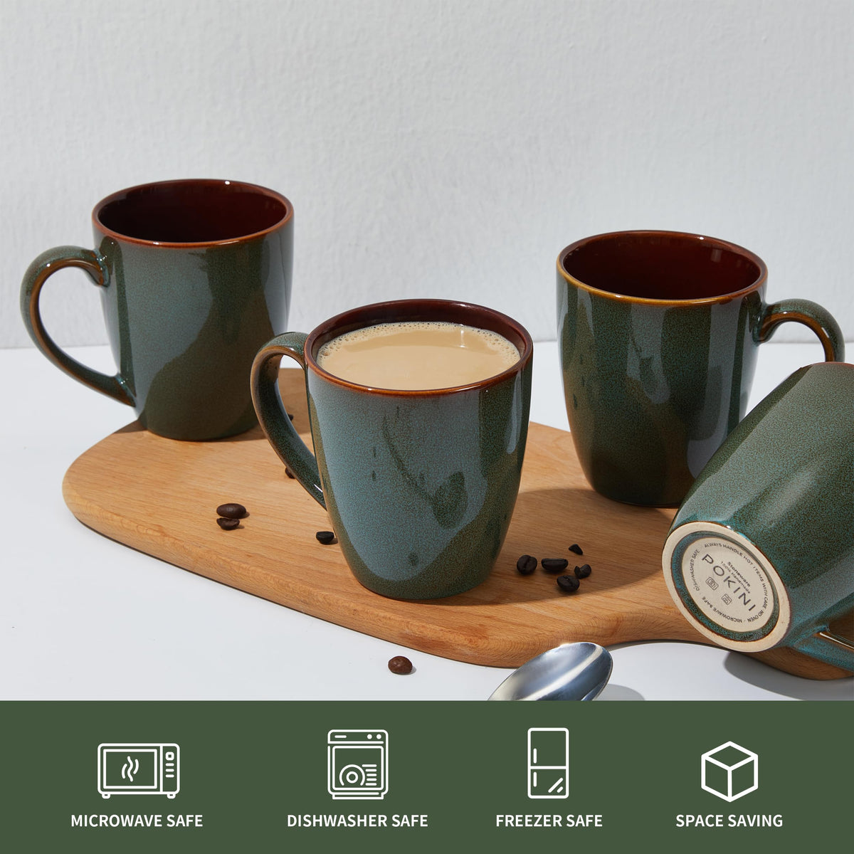 Pokini mug demonstrating dishwasher and microwave safe convenience.