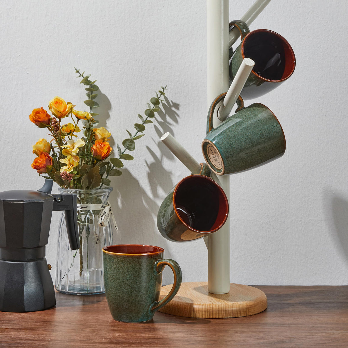 Pokini mug stackable set saving kitchen storage space.