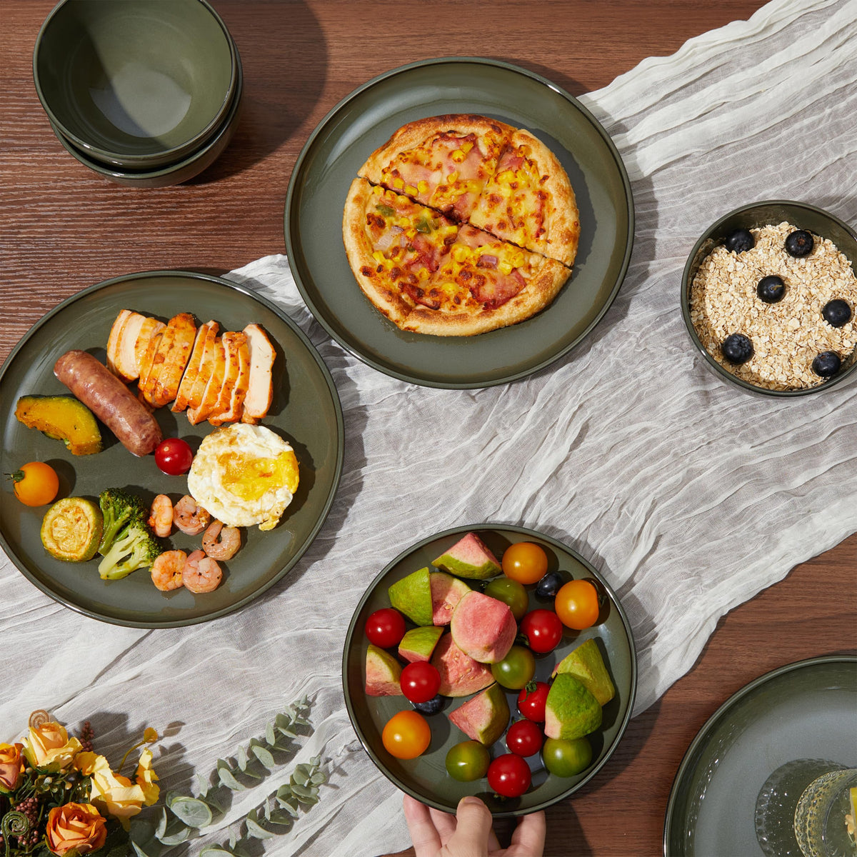 Pokini Santorini Mist dinnerware for four elevates casual and formal tables.