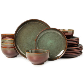 Pokini stoneware 18-piece dinnerware set, full view, brown-green reactive glaze for stylish meals.