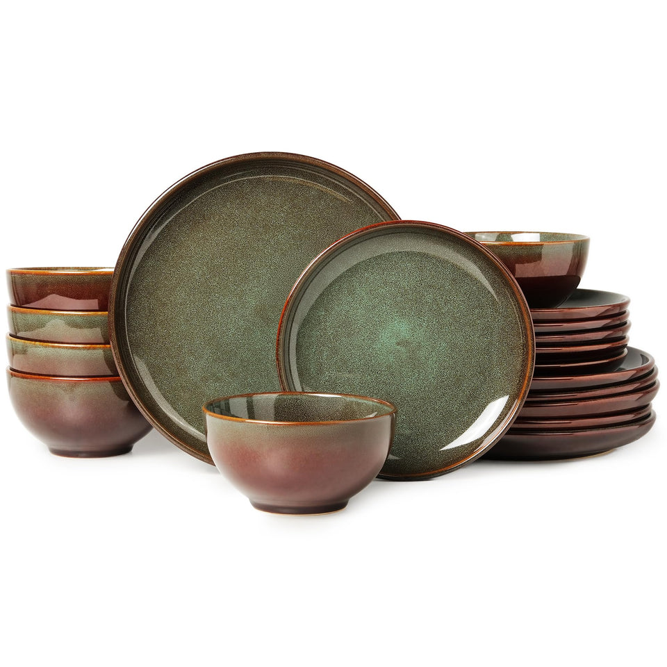 Pokini stoneware 18-piece dinnerware set, full view, brown-green reactive glaze for stylish meals.