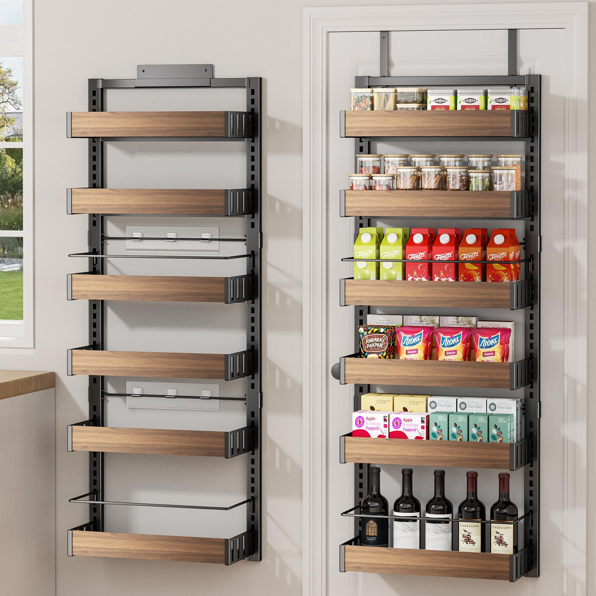 POKIPO 6-tier over-the-door organizer keeps pantry items neatly stored.