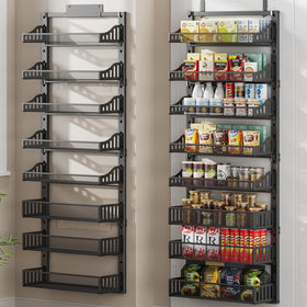 POKIPO 8-tier over-the-door pantry organizer demonstrates space-saving spice and snack storage.