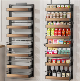 POKIPO 8-tier over-the-door pantry organizer demonstrating adjustable baskets for flexible storage