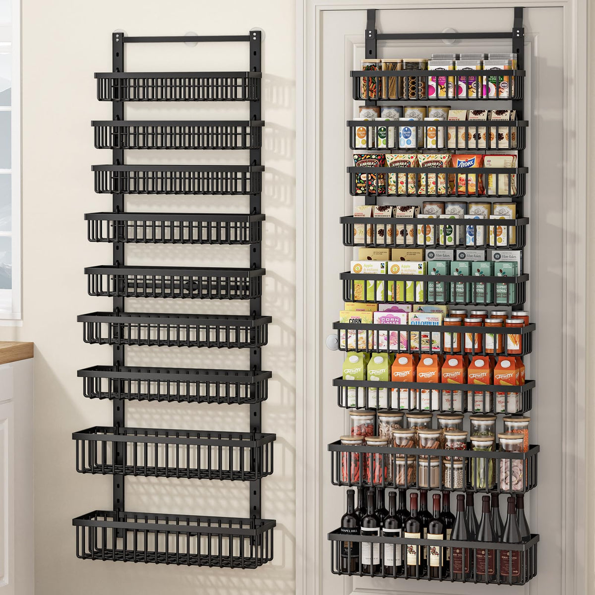 POKIPO 9-tier over-the-door organizer mounted on a door for easy spice access