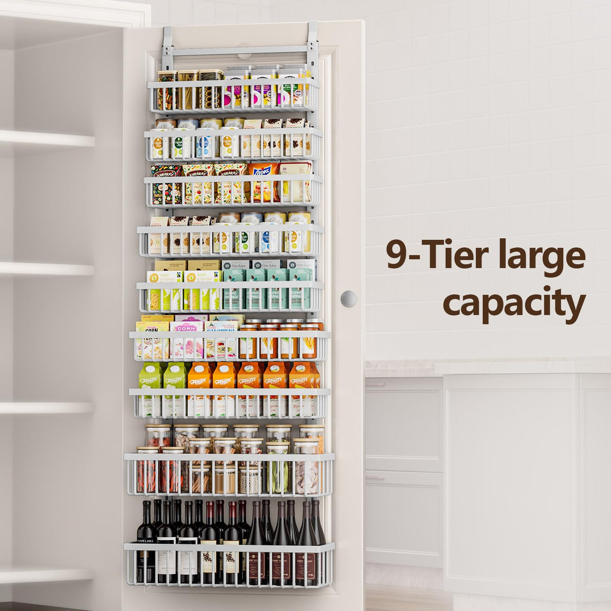 POKIPO 9-tier over-the-door pantry organizer side view behind a closed door