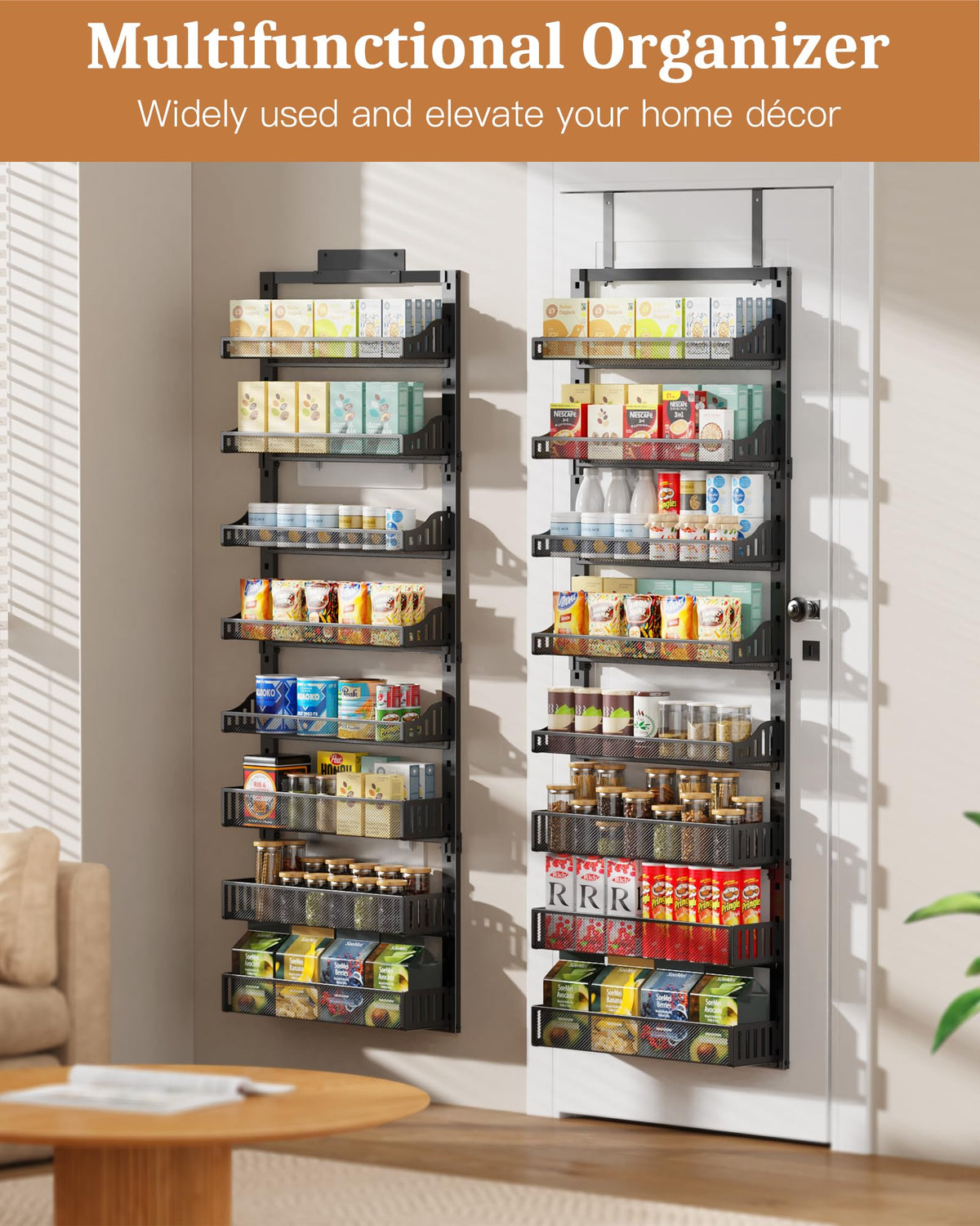 POKIPO adjustable-baskets pantry storage shows versatile shelf heights for loose items.