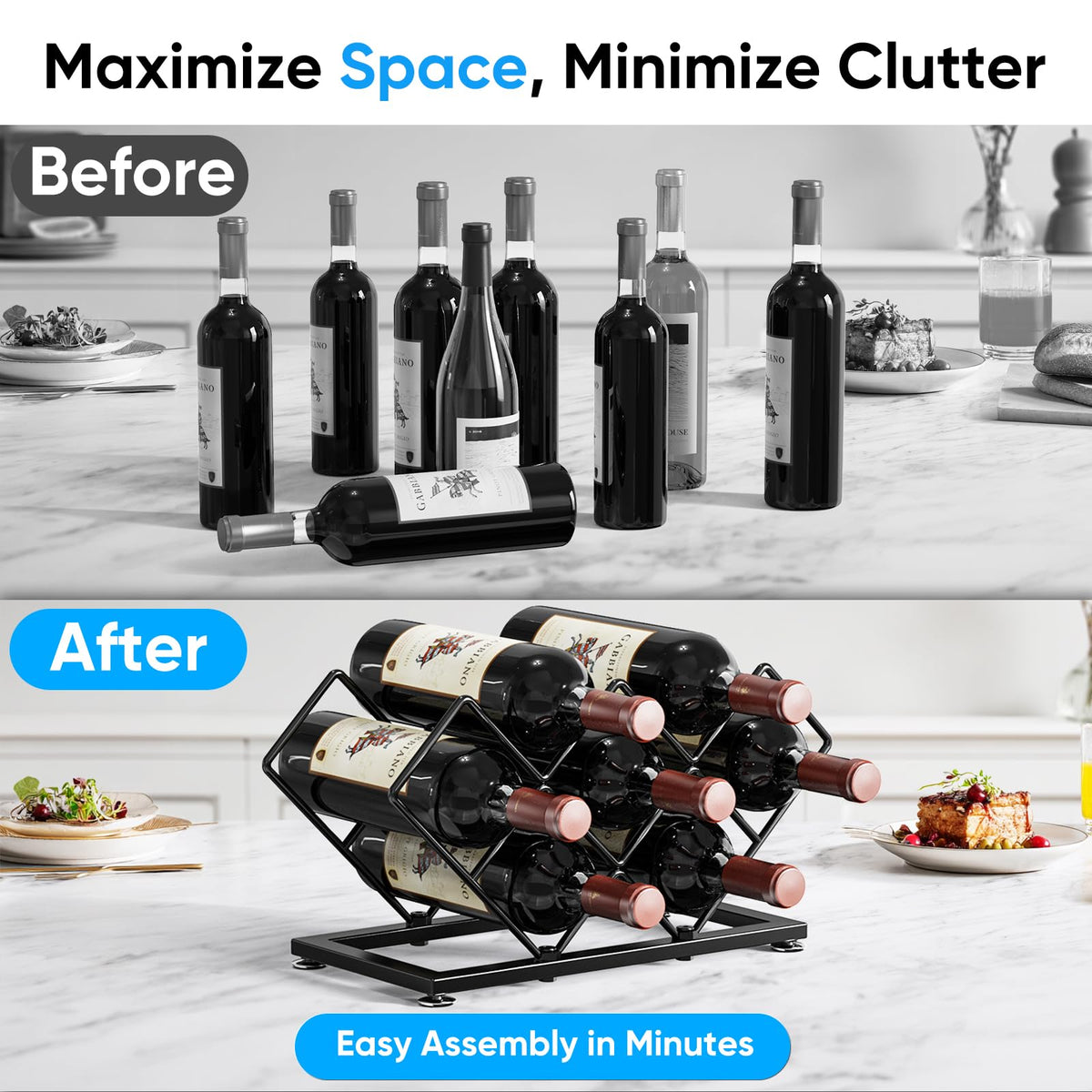 POKIPO metal wine rack on countertop blends durability with modern style for easy storage.