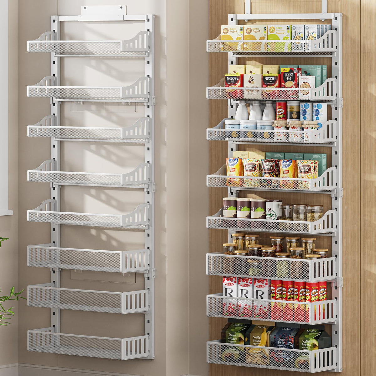 POKIPO 8-tier over-the-door organizer, full view showing organized pantry