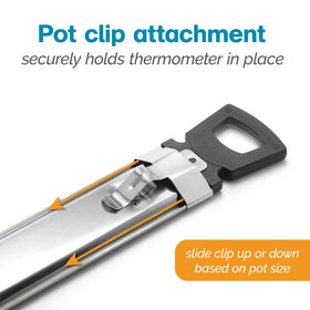 Polder Candy Thermometer displaying temperature zones for jam, candy, and frying tasks.