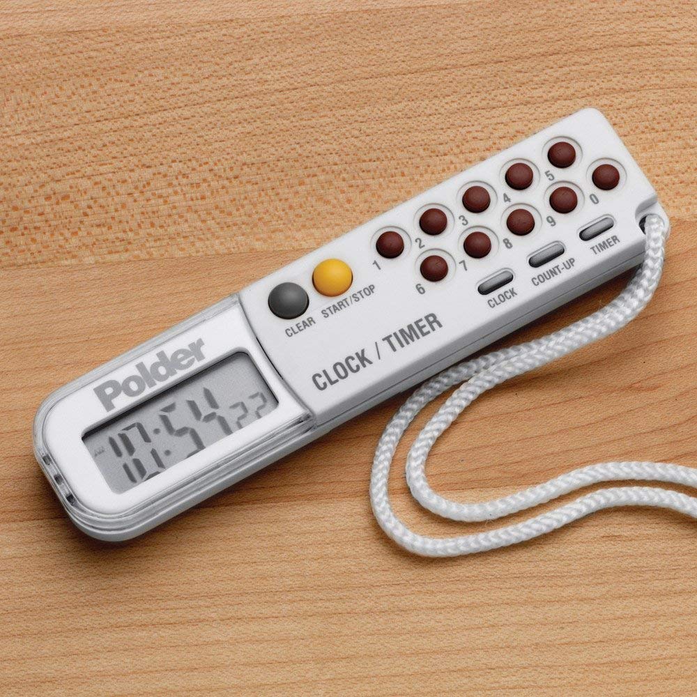 Polder combination clock worn with its 36-inch lanyard for on-the-go timing.