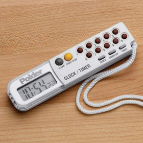 Polder combination clock worn with its 36-inch lanyard for on-the-go timing.