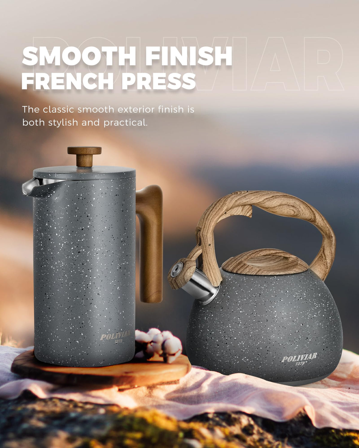 POLIVIAR 7379 French Press lava side view with ergonomic wood handle
