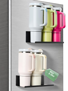 POLRAI magnetic Stanley cup holder mounted on fridge for secure storage.
