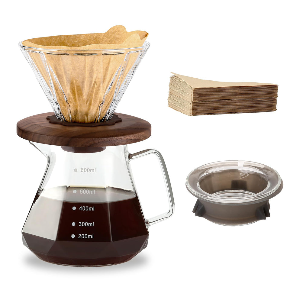 Polydremio pour-over coffee maker glass carafe showcased for clean tasting brew at home
