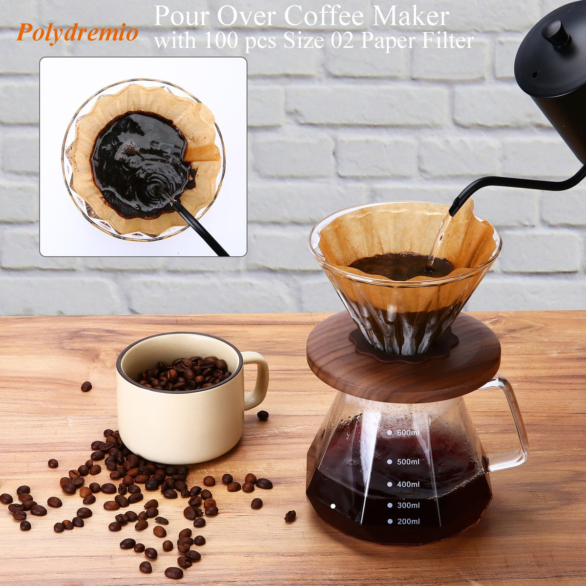 Polydremio pour-over dripper walnut handle highlighted for precise manual brewing