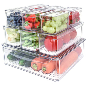 POMEAT 10-pack fridge organizer stackable bins with lids for tidy produce.