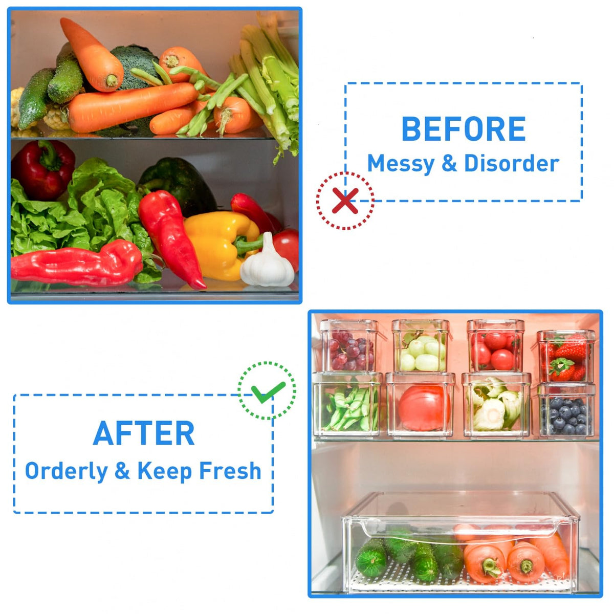 POMEAT fridge organizers help store drinks, vegetables, and snacks neatly.