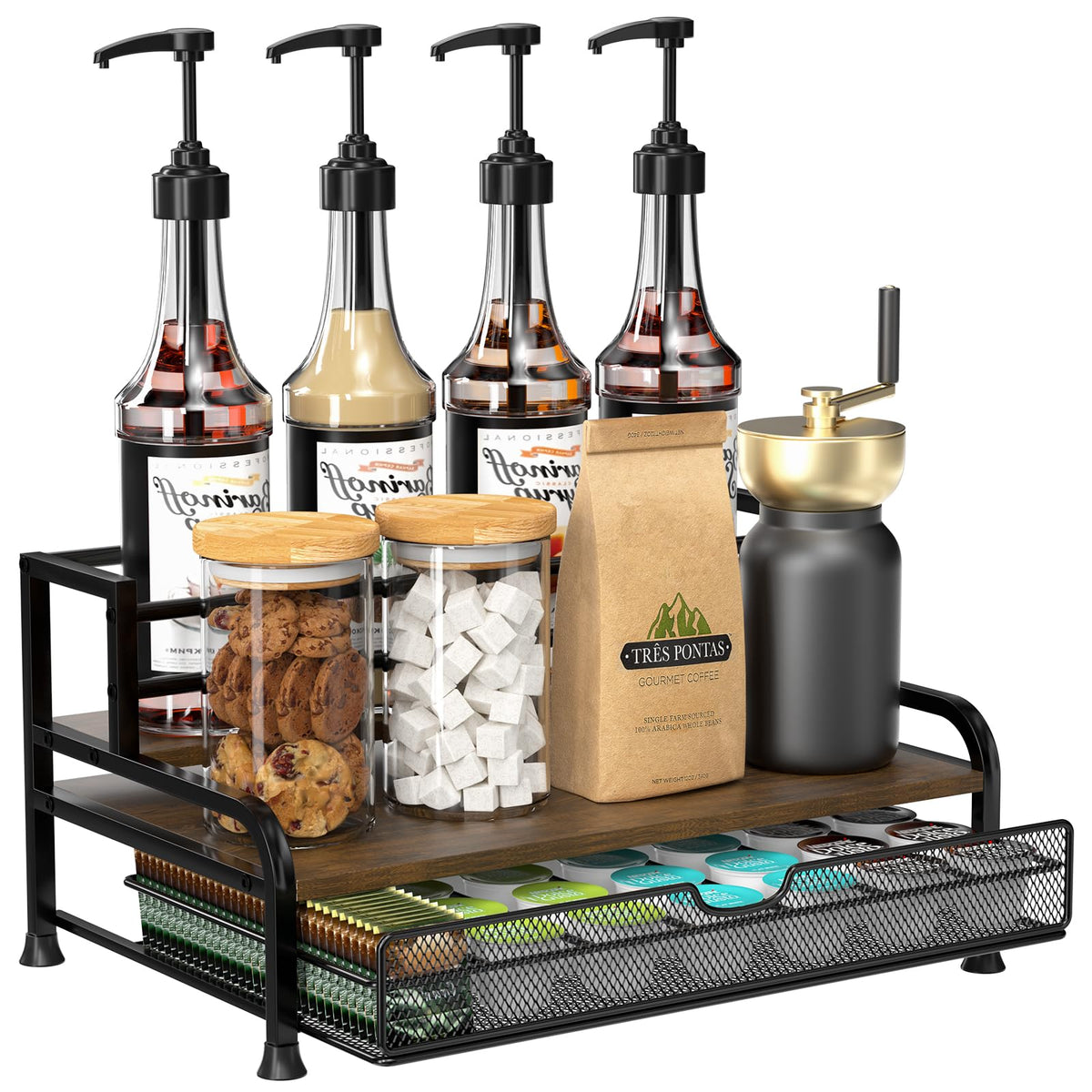 PONEYA coffee syrup rack 3-tier holds 8 bottles for organized drink station.
