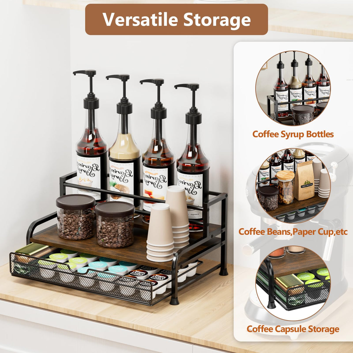 PONEYA metal frame with wooden base provides sturdy stability for bottles.