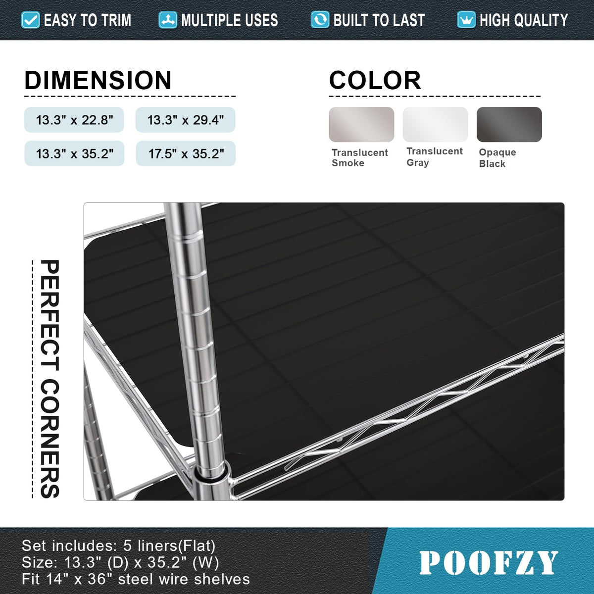 Poofzy non-adhesive liner is waterproof and washable for easy pantry organization