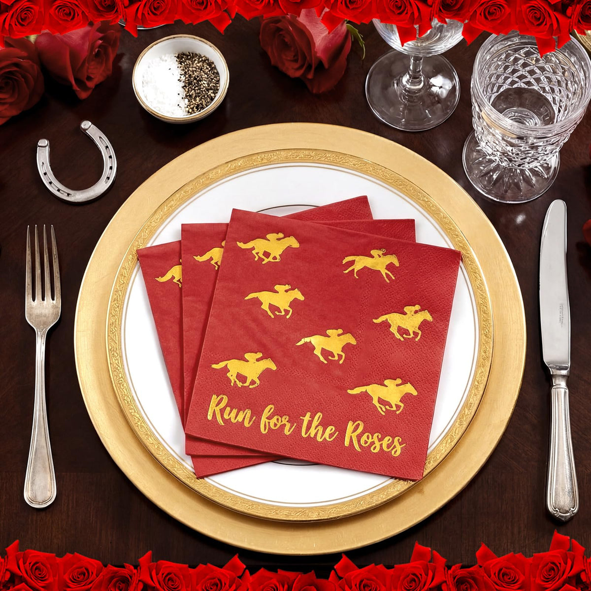Poola Voidra roses-themed horse racing party napkins for elegant table accents.