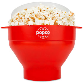 POPCO microwave popcorn bowl with red handles for easy serving.