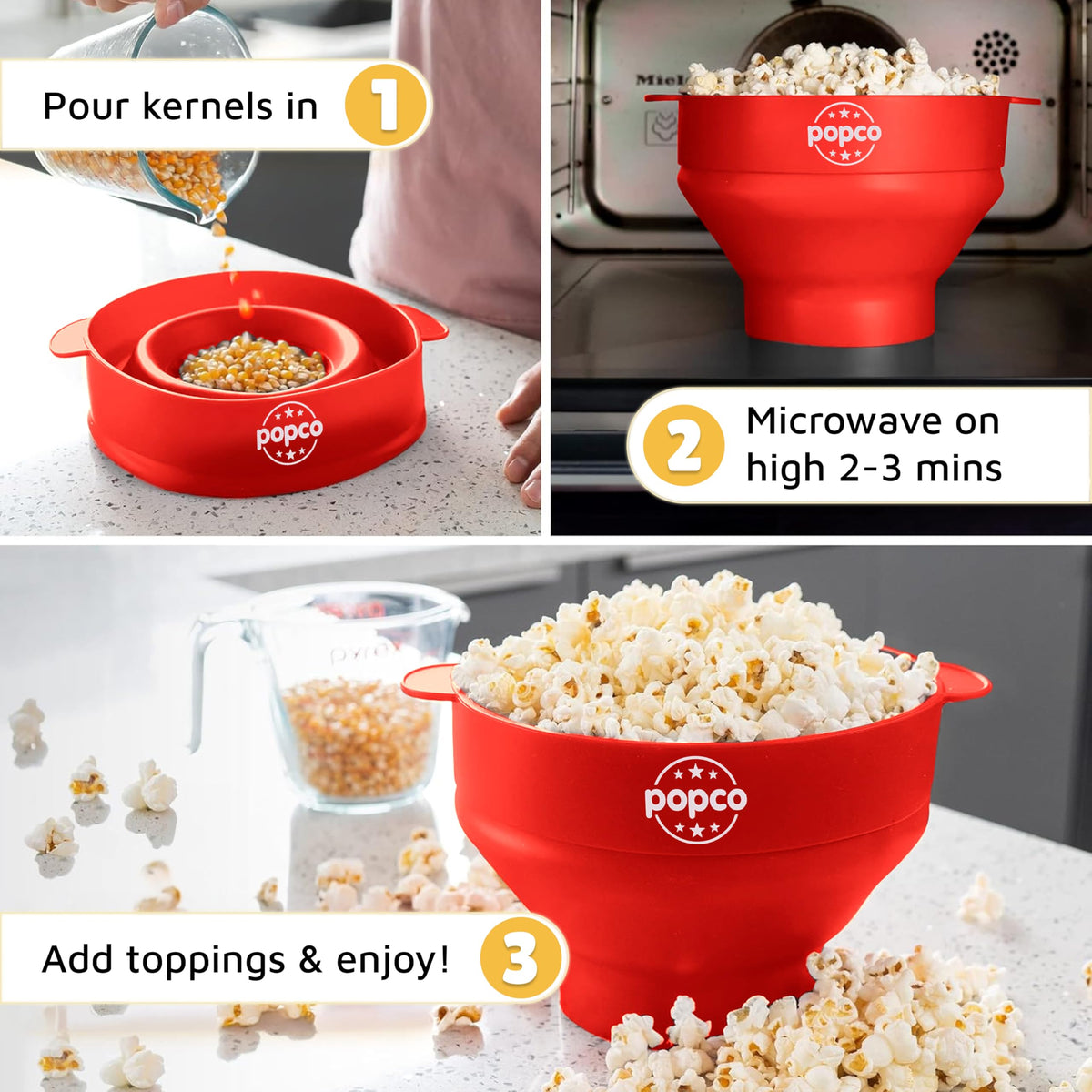 POPCO popcorn bowl folded to 2.3 inches for compact storage.