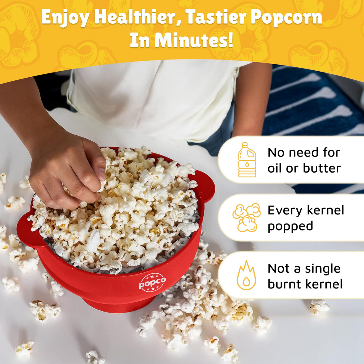 POPCO silicone popcorn popper in collapsible design saves cabinet space.