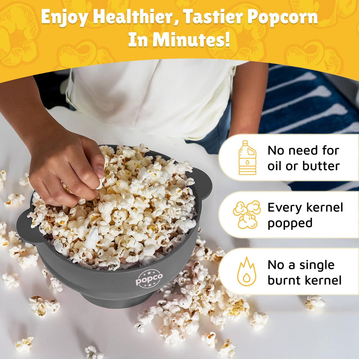 POPCO popper lid and handles close-up, safe handling.