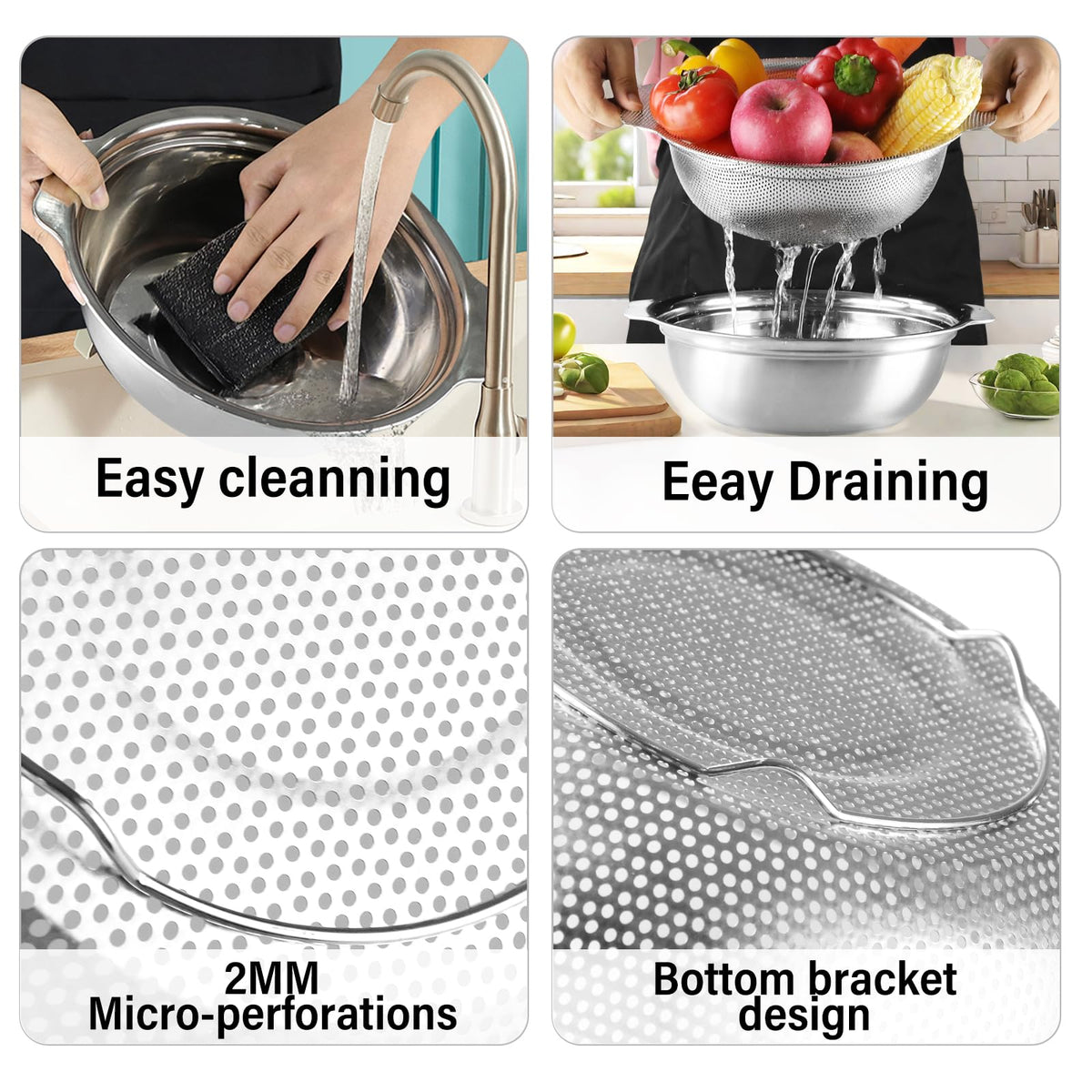 POPGRADE dishwasher-safe stainless steel colander for easy maintenance
